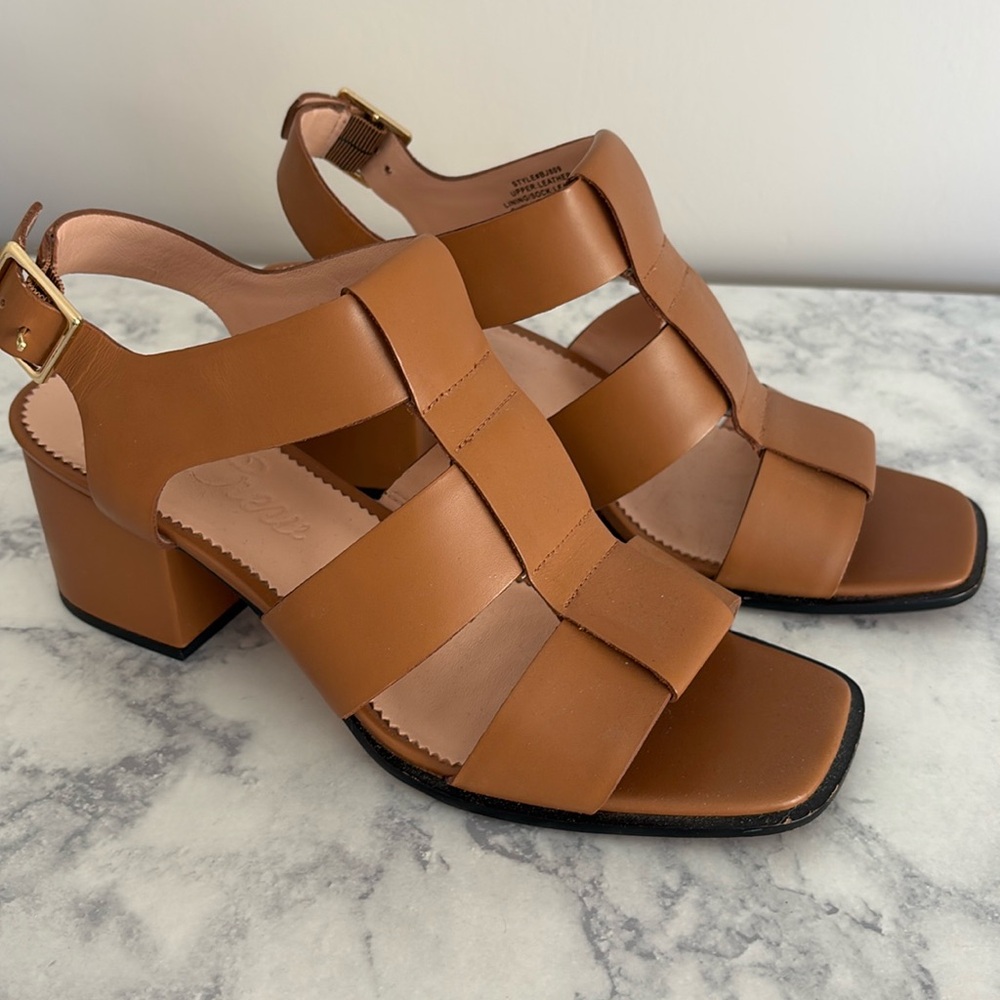 J. Crew Dylan fisherman, beige block heel sandals  leather size 9.